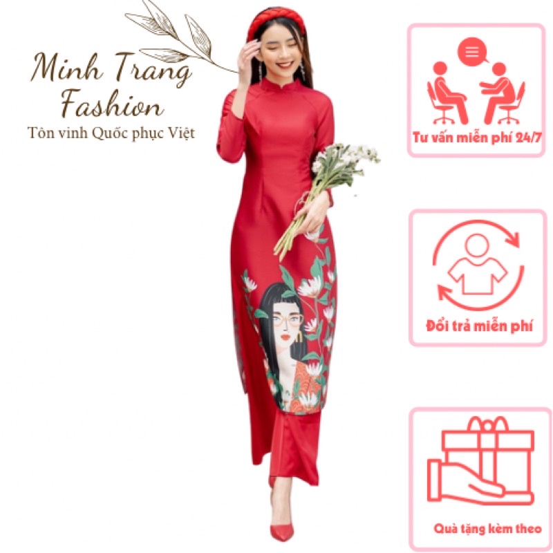 ÁO DÀI GẤM TẾT IN HÌNH CÔ GÁI ĐEO KÍNH HOT NHẤT THỊ TRƯỜNG