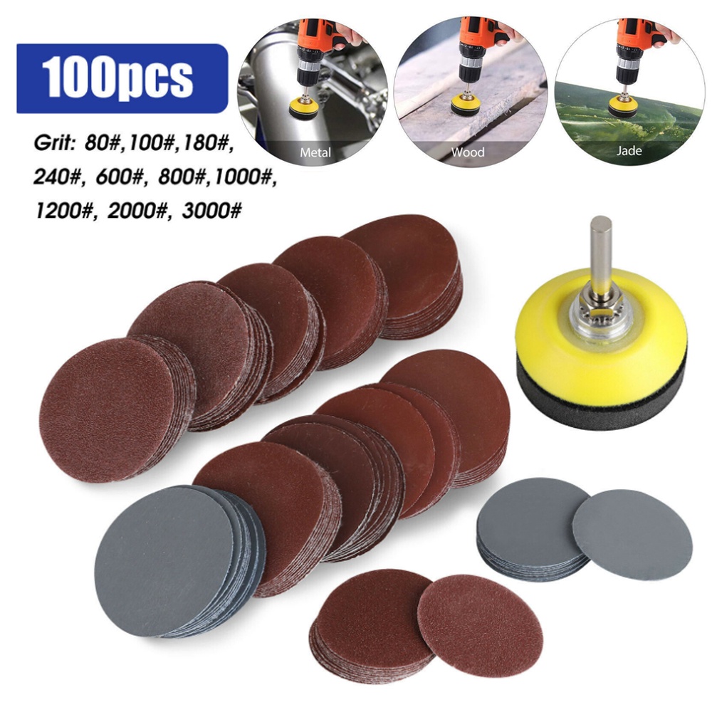 Set 100 Tấm Giấy Nhám 2Inch/50mm 80-3000 Grit Kèm Trục Xoay 6mm