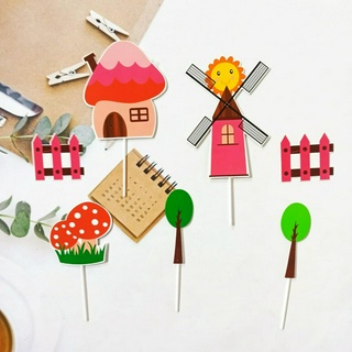 Đồ trí sinh nhật Set cắm giấy hàng rào cối xay gió hồng