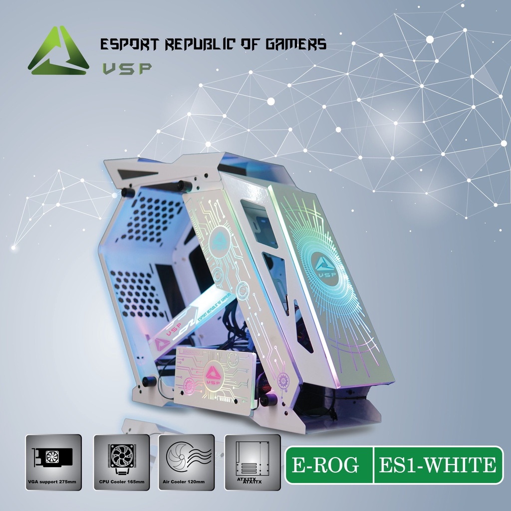 Case E-Rog ES1 White - Pink Gaming VSP màu trắng - hồng led RGB chưa có fan