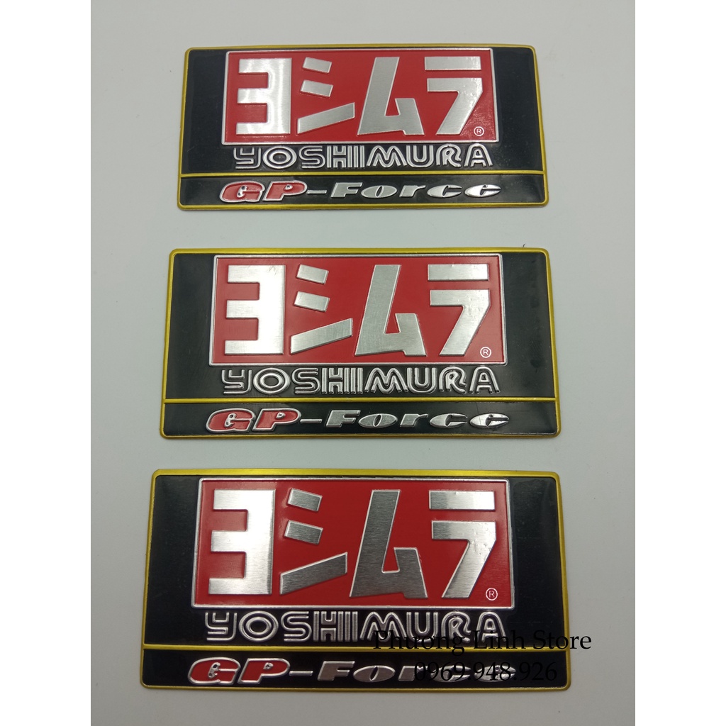 Decal nhôm dán pô xe Yoshimura, Tem dán pô viền vàng dập nổi Yoshimura USA hình chữ nhật