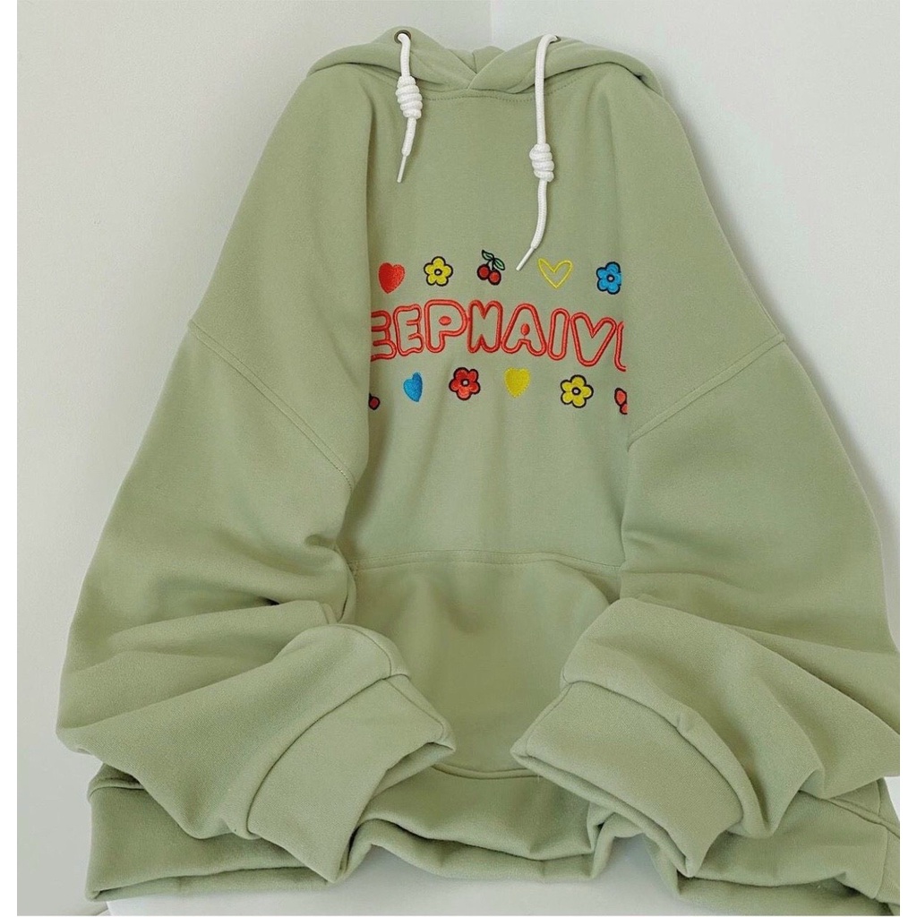 ÁO KHOÁC HOODIE CHUI ĐẦU NỈ NGOẠI NỮ THÊU CHỮ KEEPNAIVE HOA LÁ MÀU BE XANH CỐM DÀY DẶN ẤM ÁP CAO CẤP NITIQC