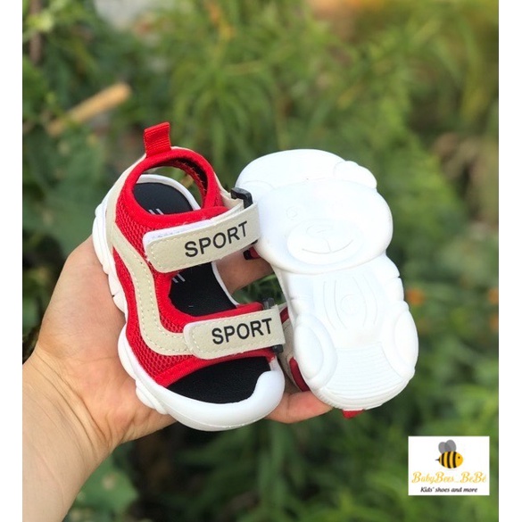 Sandal tập đi bé trai, bé gái-dép quai hậu chống vấp Sport đế in hình gấu siêu bền chống trơn trượt,1915 -đỏ, đen, trắng