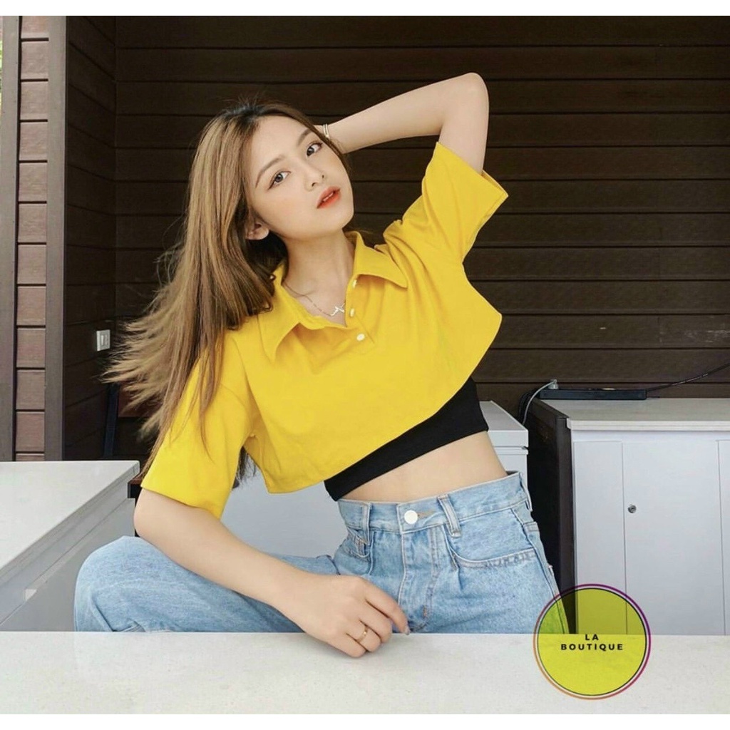 c croptop cổ bẻ vàng +áo tót đen trẻ trung TTSLA0541