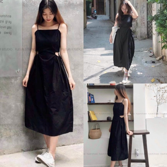 Đầm Đen LENIES DRESS đầm hai dây thiết kế khoét eo form suông dài chất vải linen thun