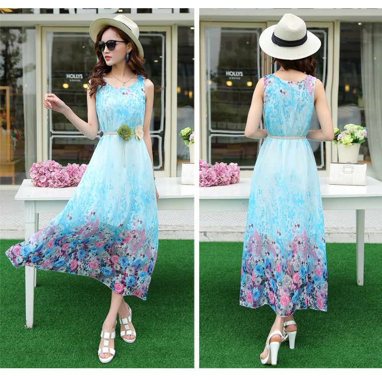 Đầm maxi voan  kèm dây thắt lưng hoa DX03 - Đầm suông maxi đi biển, đi dạo phố | BigBuy360 - bigbuy360.vn