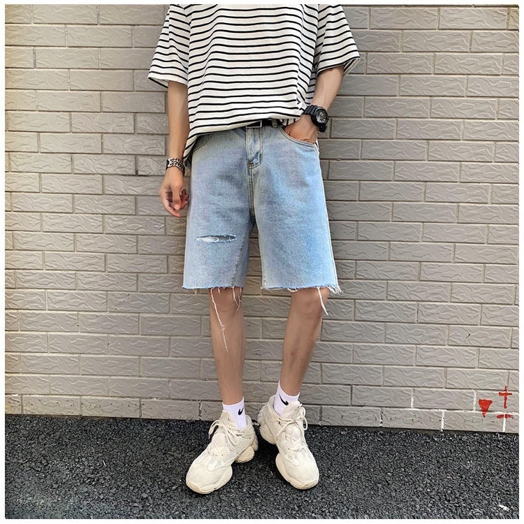 Quần short jean nam nữ ống suông rộng màu ghi rách gấu 768 pon.mens