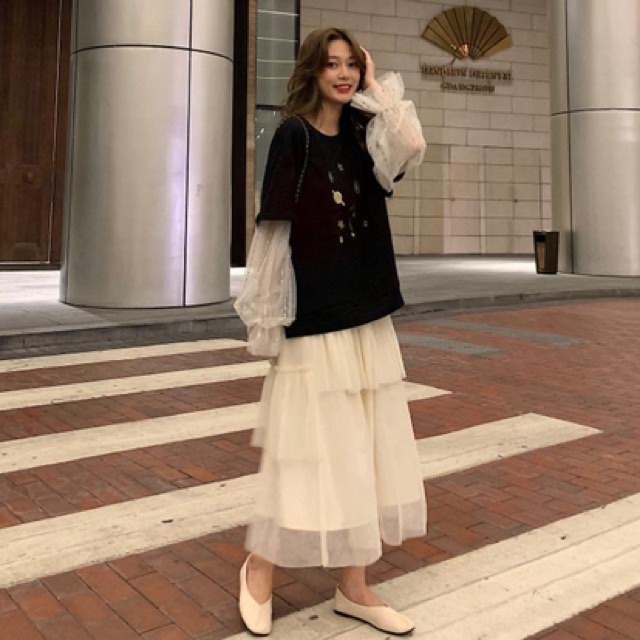 Order | Set áo thun dài tay, chân váy xòe xếp tầng ulzzang M1233 | BigBuy360 - bigbuy360.vn