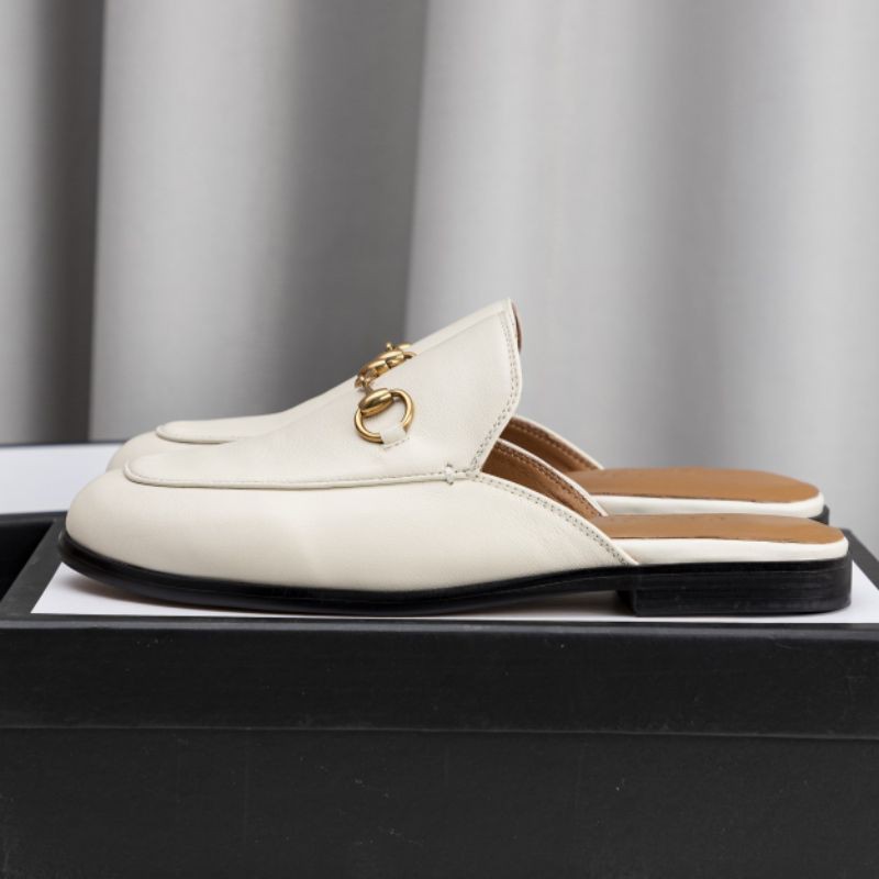 giày sục lười loafer nam nữ da thật mũi tròn quai ngang gắn xích Gucci GC