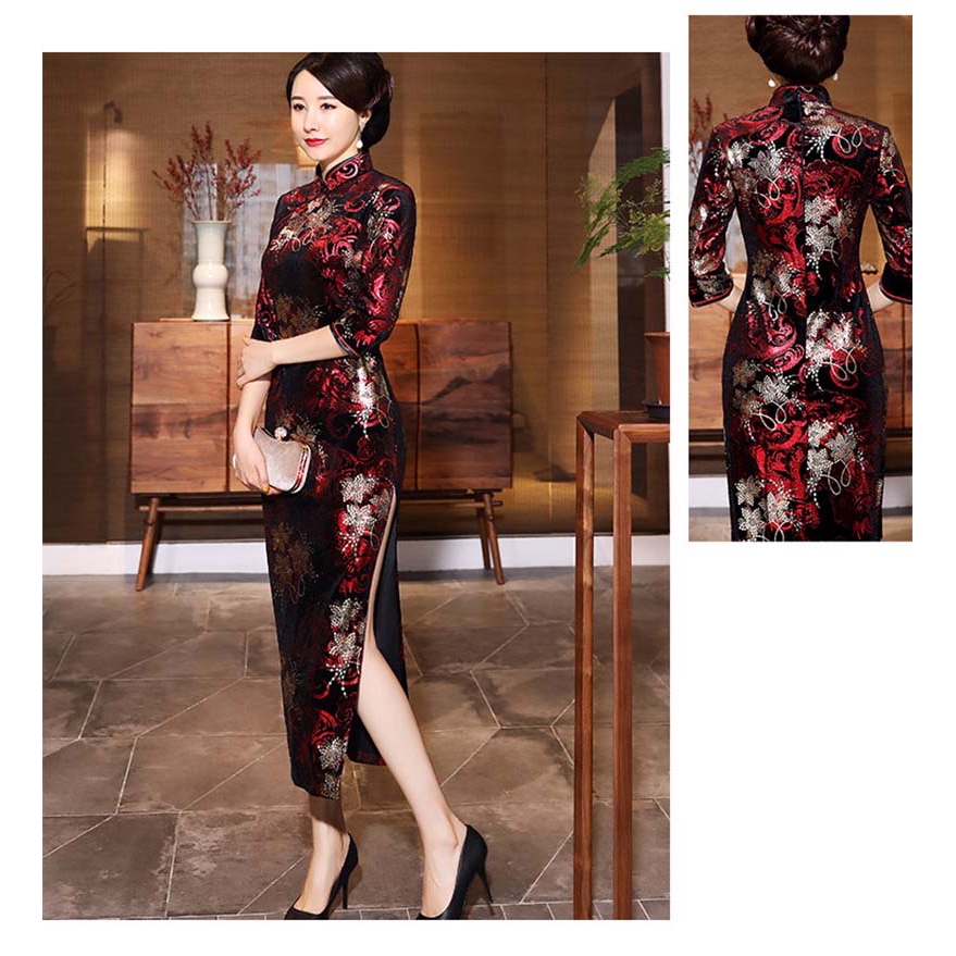 Women Autumn Winter Gold Velvet Long Cheongsam Dress Vintage Slim Three Quarter Sleeve Plus Size Dresses 4XL | BigBuy360 - bigbuy360.vn