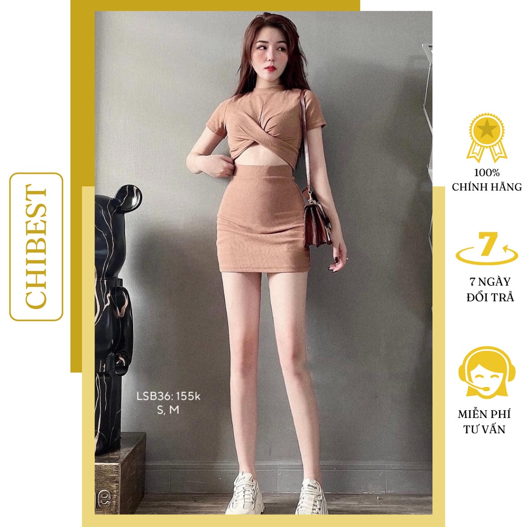 Set áo croptop tay ngắn xoắn ngực phối chân váy ôm body cá tínhCHIBEST LSB36