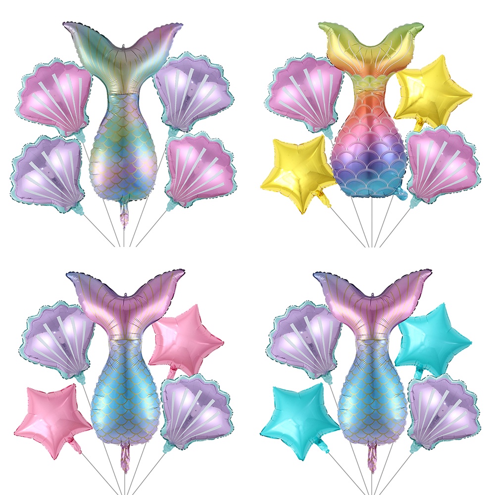 Set 5 Bong Bóng Lá Nhôm Hình Vỏ Sò/Ngôi Sao/Biên Cá Trang Trí Tiệc Sinh Nhật Cho Bé
