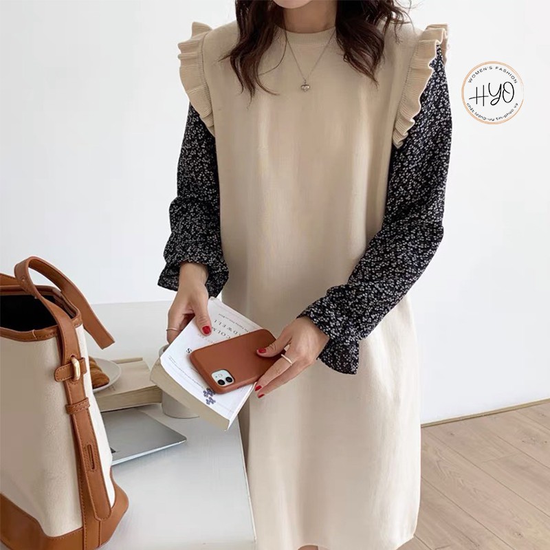 Váy len suông dáng dài tay voan bồng Len dệt kim cao cấp Quảng Châu