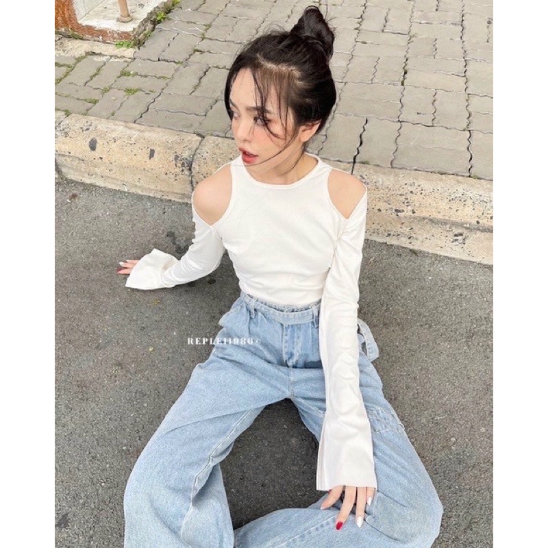 [HOT] ÁO CROPTOP TAY DÀI KHOÉT VAI THUN GÂN, Chizi Shop