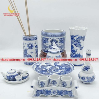 Bồ đồ thờ 9 món thổ công/ thần tài men xanh lam - lưỡng long viền mây