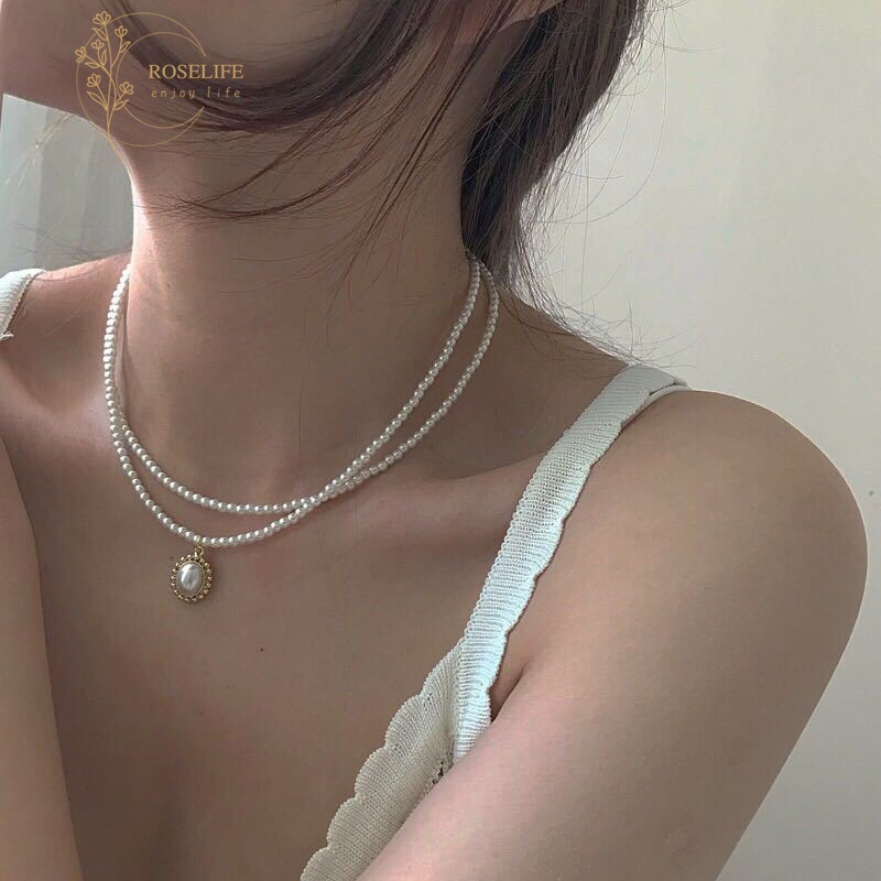 Vòng Cổ Choker Hai Lớp Đính Hạt Ngọc Trai Cổ Điển