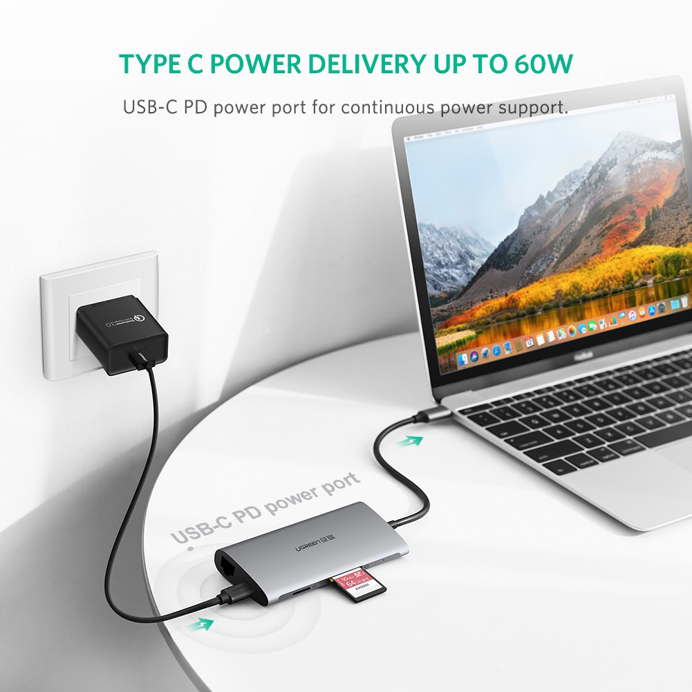 Cáp USB type-C to HDMI/USB 3.0/SD/TF/Lan Ugreen 8 in 1