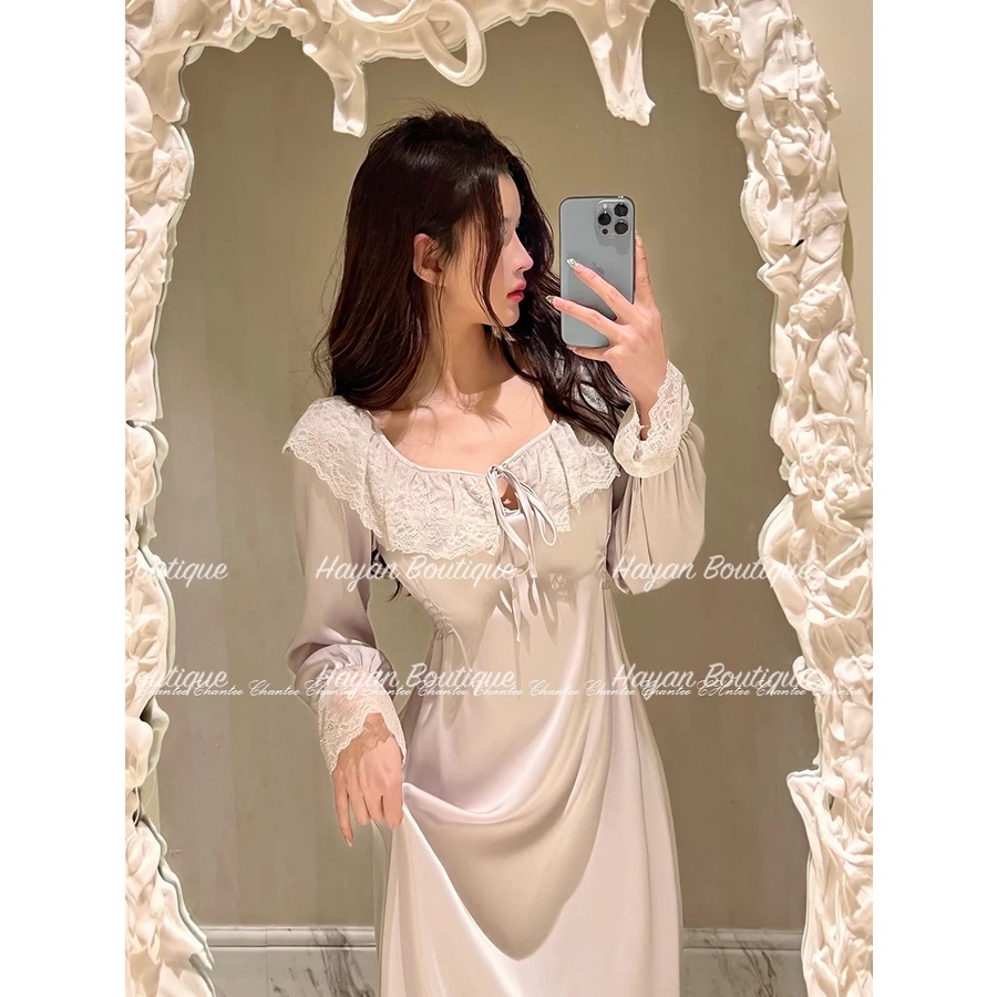 HT91 Váy ngủ sexy tiểu thư cổ bèo dài tay, đầm ngủ lụa công chúa dáng suông HT91