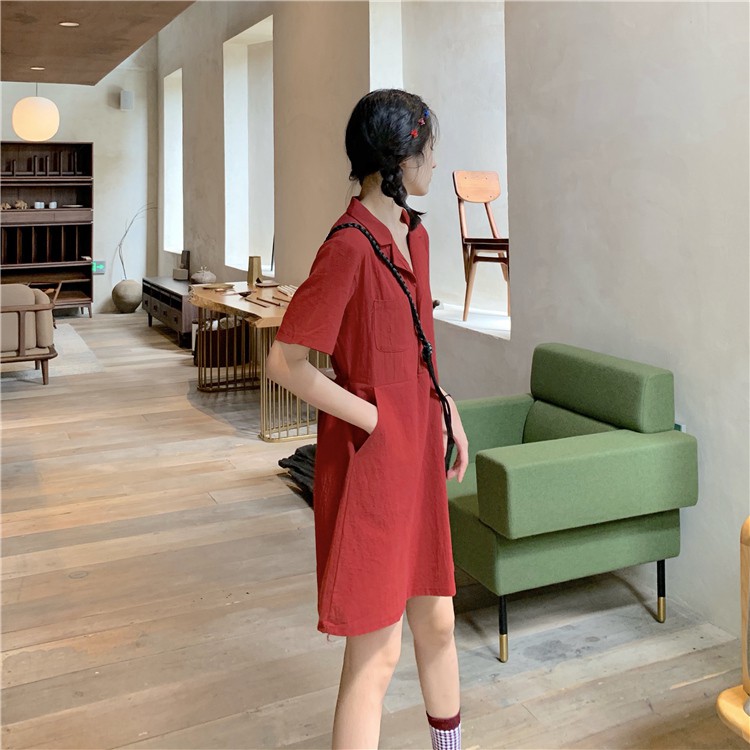Xiaozhainv Đầm midi tay ngắn dáng rộng màu trơn phong cách Hàn Quốc | BigBuy360 - bigbuy360.vn