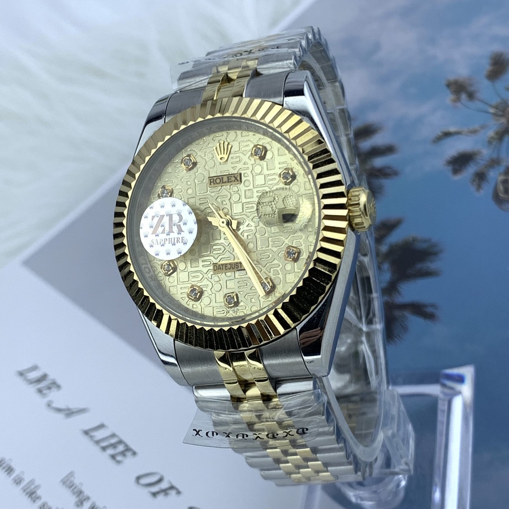 Đồng hồ nam Rolex cơ Automatic máy nhật mẫu Classic 3D mặt vàng viền vàng dây demi size 39-40mm