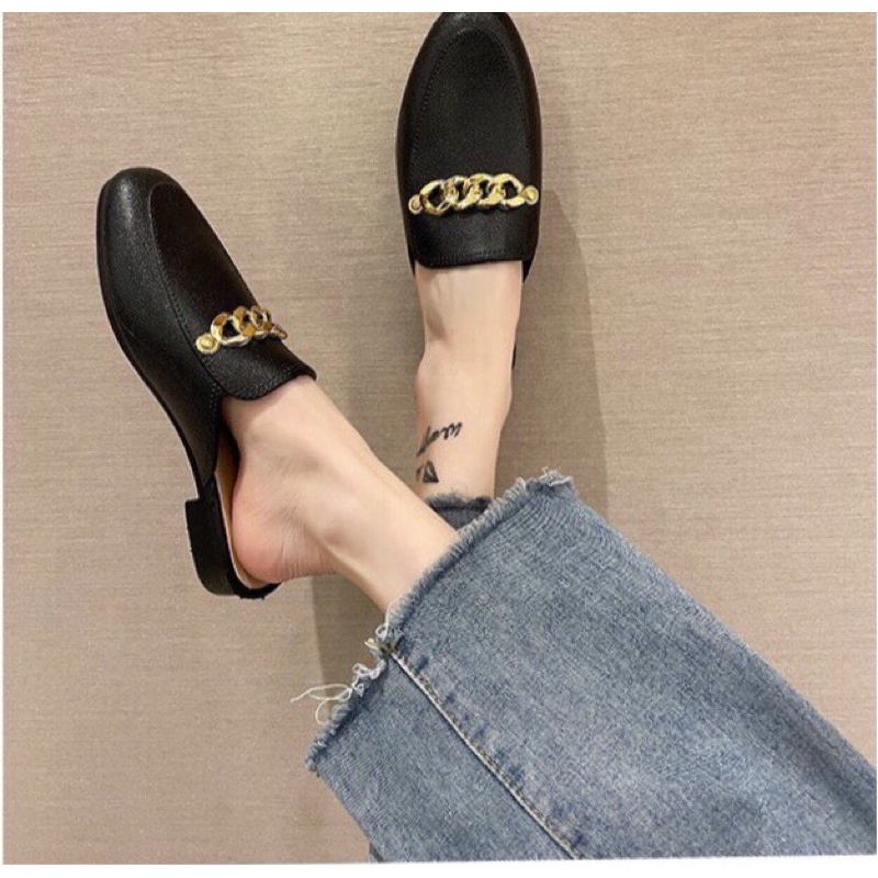 Dép sục nữ thời trang gắn xích 3 màu đen,kem,cam