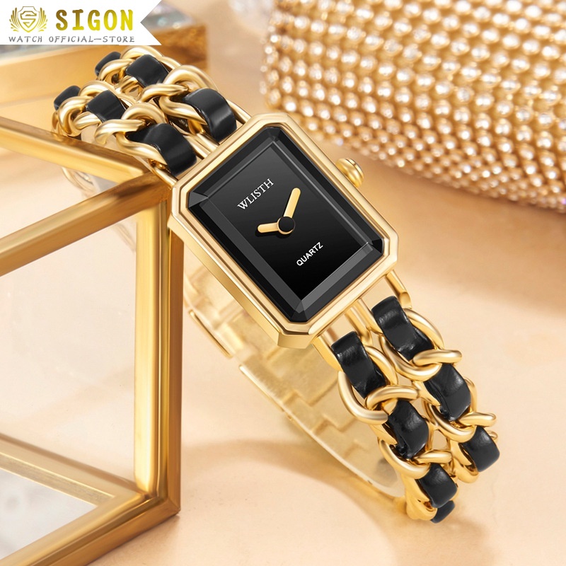 Đồng Hồ Đeo Tay Dây Bện Mặt Vuông Nhỏ Màu Vàng Hồng Phong Cách Retro Thời Trang Cho Nữ