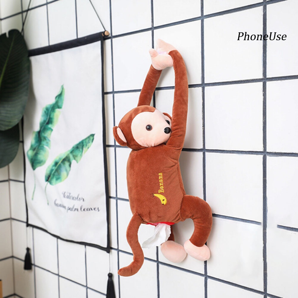 Túi đựng khăn giấy treo xe hơi hình khỉ con nhồi bông da pu
