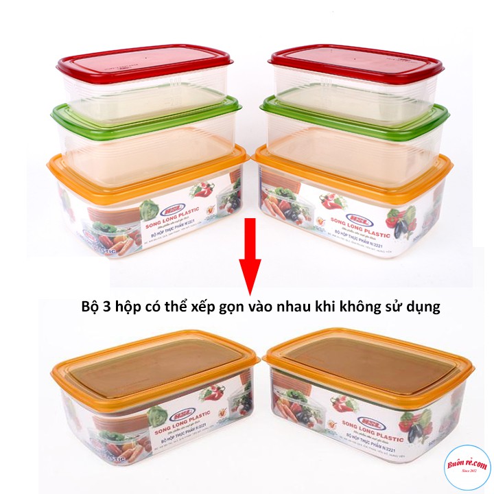 Bộ 3 Hộp Trữ Đông - Hộp Nhựa Đựng Thực Phẩm SONG LONG Nắp Nhiều Màu Sắc ( MS:2221) - br00318