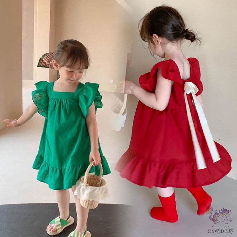 Đầm Công Chúa Tay Bèo Cổ Vuông Thắt Nơ Lưng Phong Cách Hàn Quốc Cho Bé Gái