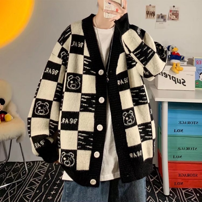 Áo khoác cardigan dệt kim dáng rộng họa tiết chú gấu phong cách retro Hong Kong
