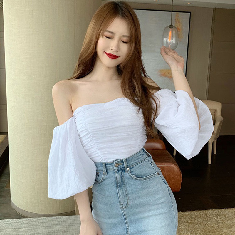 Áo Croptop Trễ Vai Tay Ngắn Dáng Ôm Màu Sắc Trơn Phong Cách Hàn Quốc Thời Trang Cho Nữ