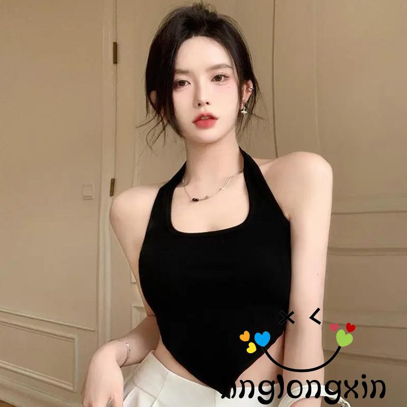 ♧Fh♂Áo Lửng Hai Dây Cổ Yếm Hở Lưng Màu Sắc Trơn Cho Nữ