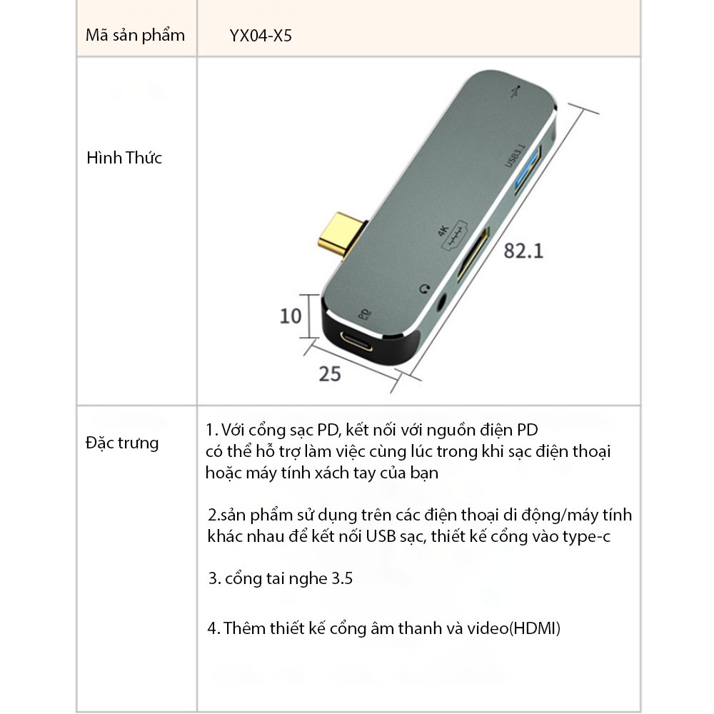 Cổng chuyển đổi đa năng Hub Type-C to 5 in 1 hỗ trợ HDMI 4k X3 - X5, jack 3.5mm usb 3.1 sạc PD 100w