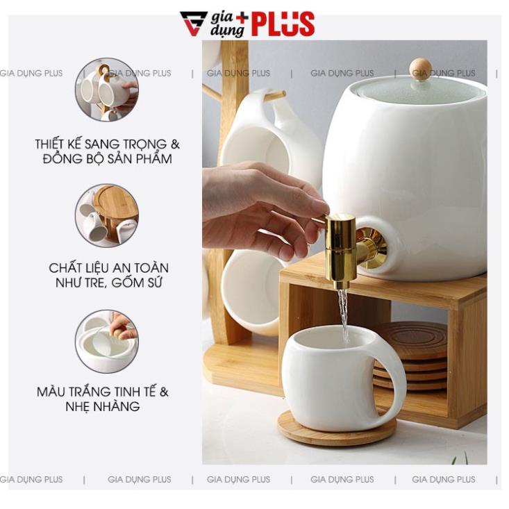 Bộ Chum Đựng Nước Sứ Có Vòi 3 Lít Kèm Kệ Gỗ & 6 Cốc Sứ Màu Trắng Cao Cấp