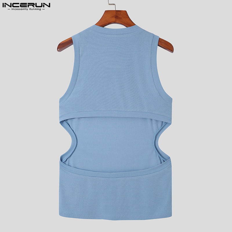 Áo kiểu INCERUN sát nách cổ tròn thiết kế khoét lỗ 3 màu sắc tùy chọn thời trang mùa hè dành cho nam