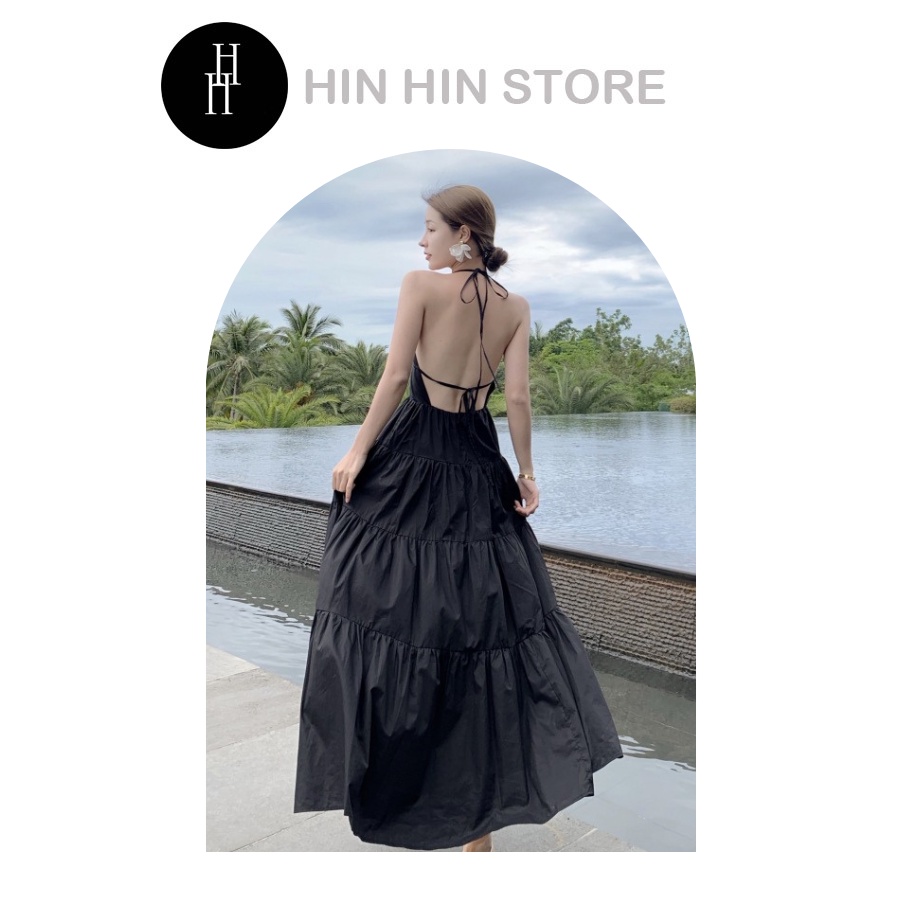 Đầm Maxi hai dây hở lưng xòe đi biển màu đen HDC91 Hỉn Hỉn Store