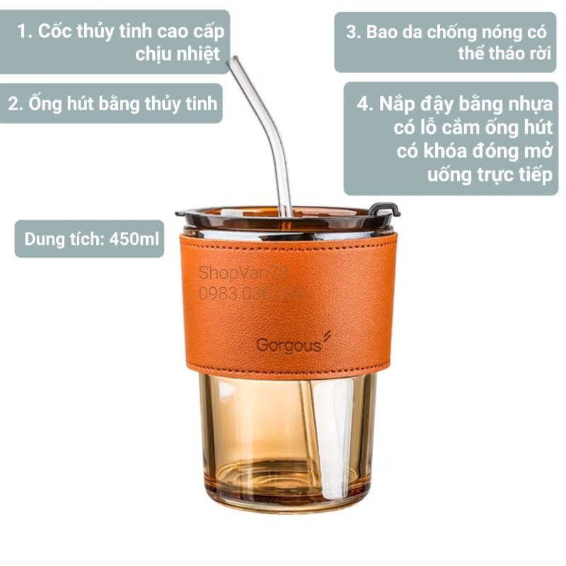 Cốc thủy tinh cao cấp chịu nhiệt có bao da 450ml