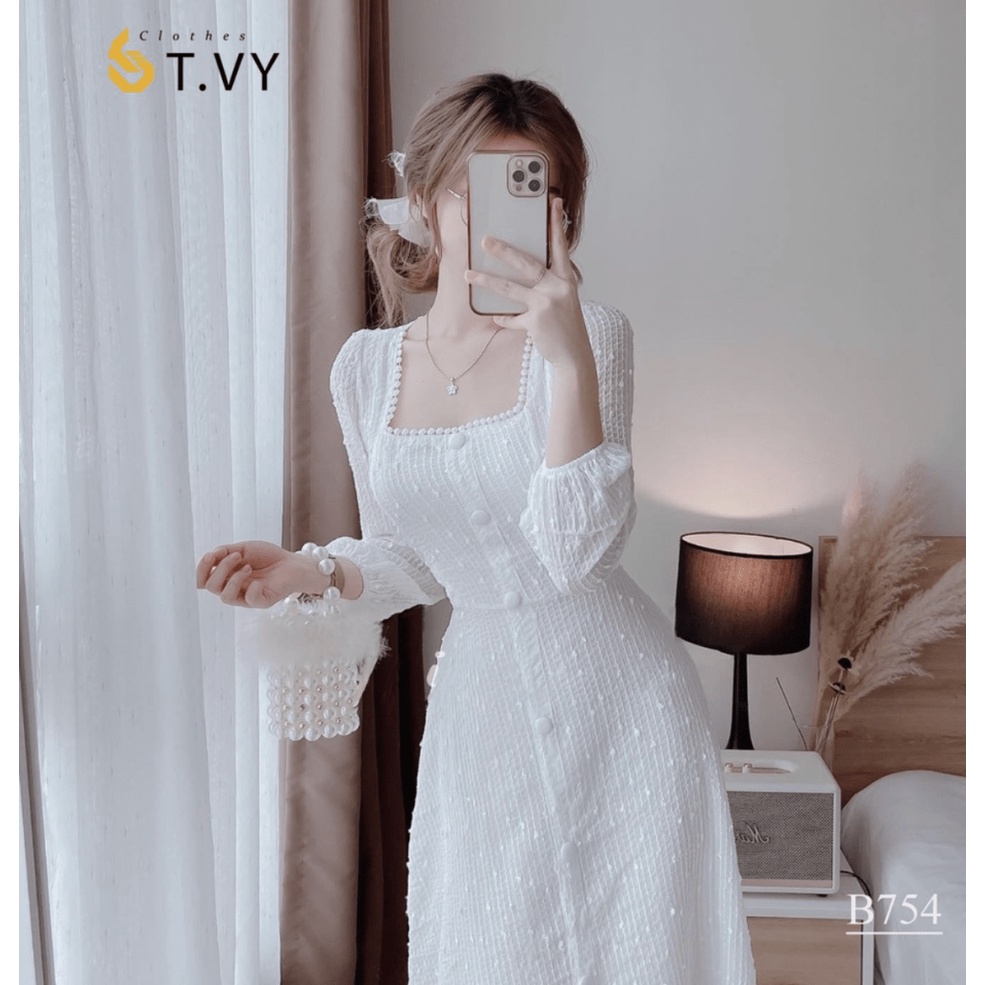 ĐẦM MAXI NÚT BỌC TAY DÀI MÀU TRẮNG TINH KHÔI DỰ TIỆC SANG CHẢNH HHP FASHION
