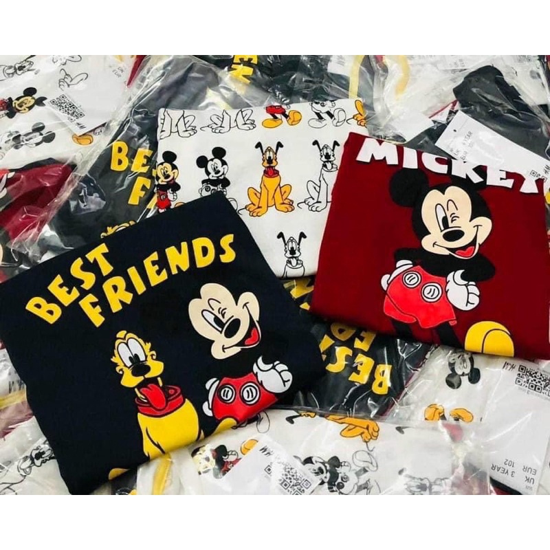 Sét 3 áo cộc tay MICKEY &amp; FRIENDS chất cotton màu đen trắng đỏ cho bé trai và bé gái