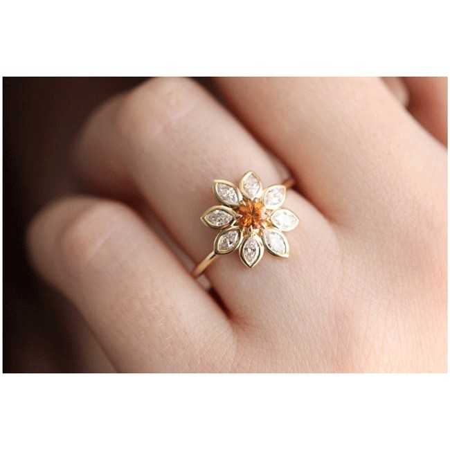 Nhẫn nữ đeo ngón tay bằng kim loại hình hoa hướng dương đính đá phong cách retro