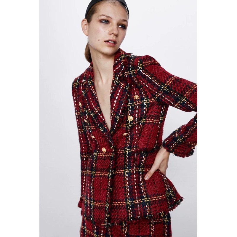 Set áo khoác dạ blazer + chân váy dạ đỏ sọc ca rô lớn xanh/đen/trắng phong cách thanh lịch Âu Mỹ SAM SAM BOUTIQUE