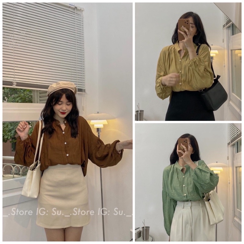 Áo sơ mi nữ tay bồng dáng babydoll khuy cài chất đũi nhăn siêu mát