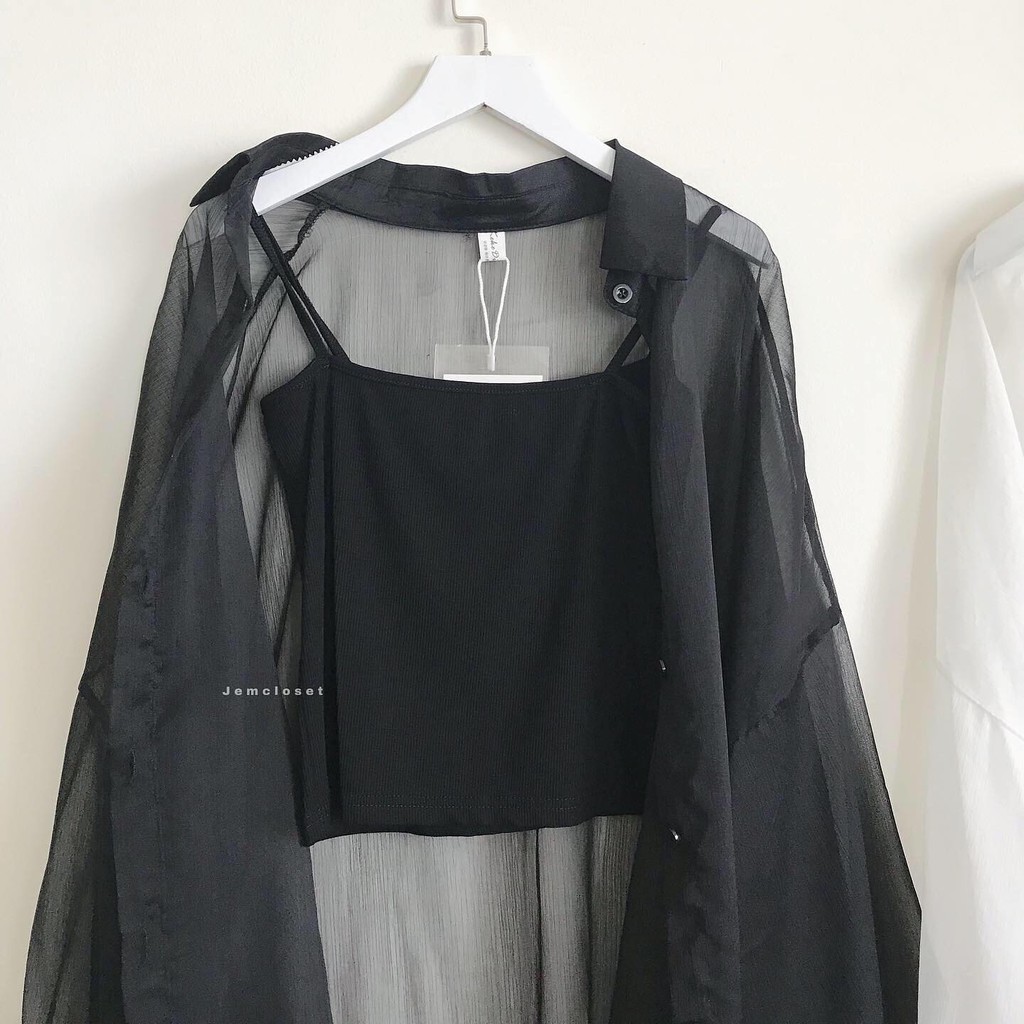 Áo Sơ Mi Nữ Form Rộng Sơ Mi Lưới Tay Dài Trơn Basic Khoác Ngoài Cá Tính Ulzzang DING Màu Đen Màu Trắng 1251