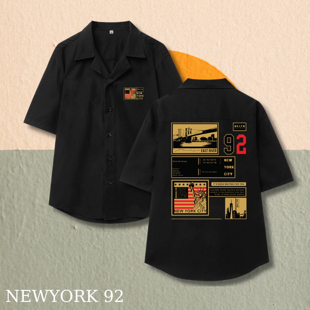 Áo Sơ Mi NEW YORK 92 Hoạ Tiết BEAVER Tay Ngắn Cổ Vest Thời Trang Unisex Vải Lụa Chéo