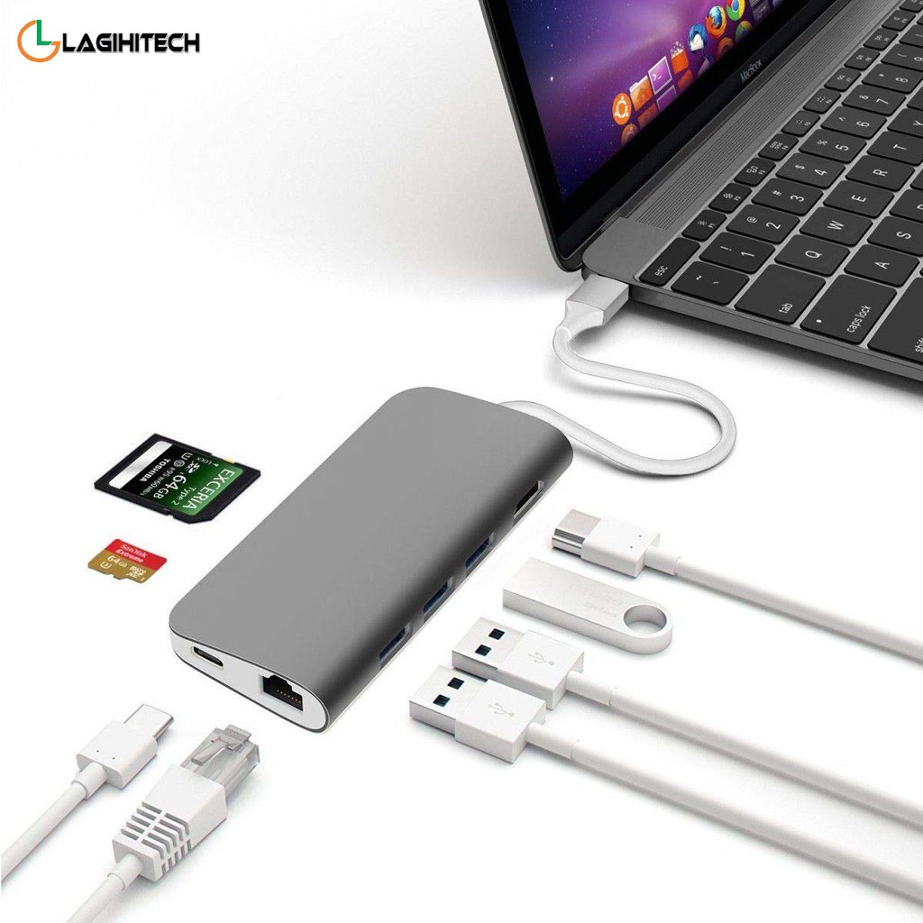 Bộ chuyển 8 in 1 USB C sang cổng HDMI / đầu đọc thẻ SD-TF / 3x USB 3.0 / đầu mạng RJ45 / Type C nguồn (màu ngẫu nhiên)