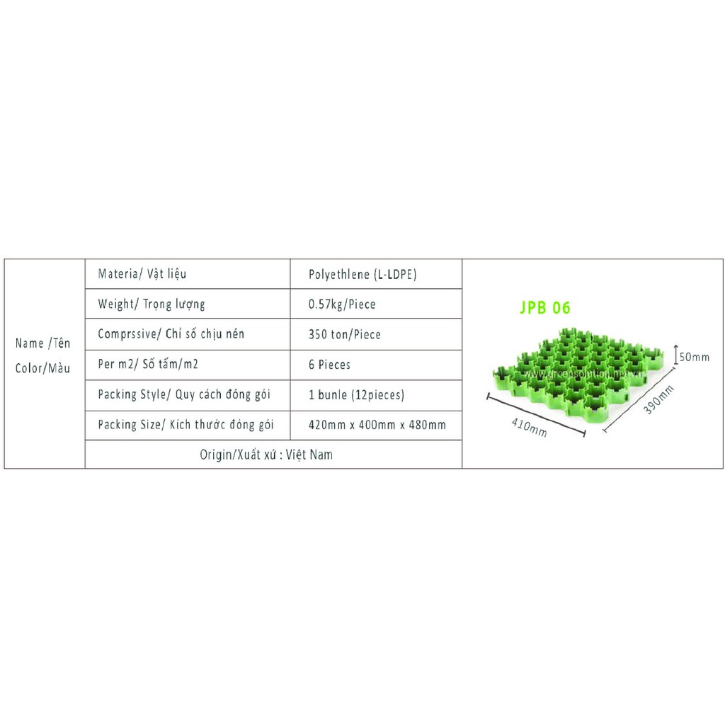 Tấm trồng cỏ chịu lực [JPB-06]-1m2: Dùng cho khu vực đỗ xe, đi lại, sân golf, chống sói mòn taluy...