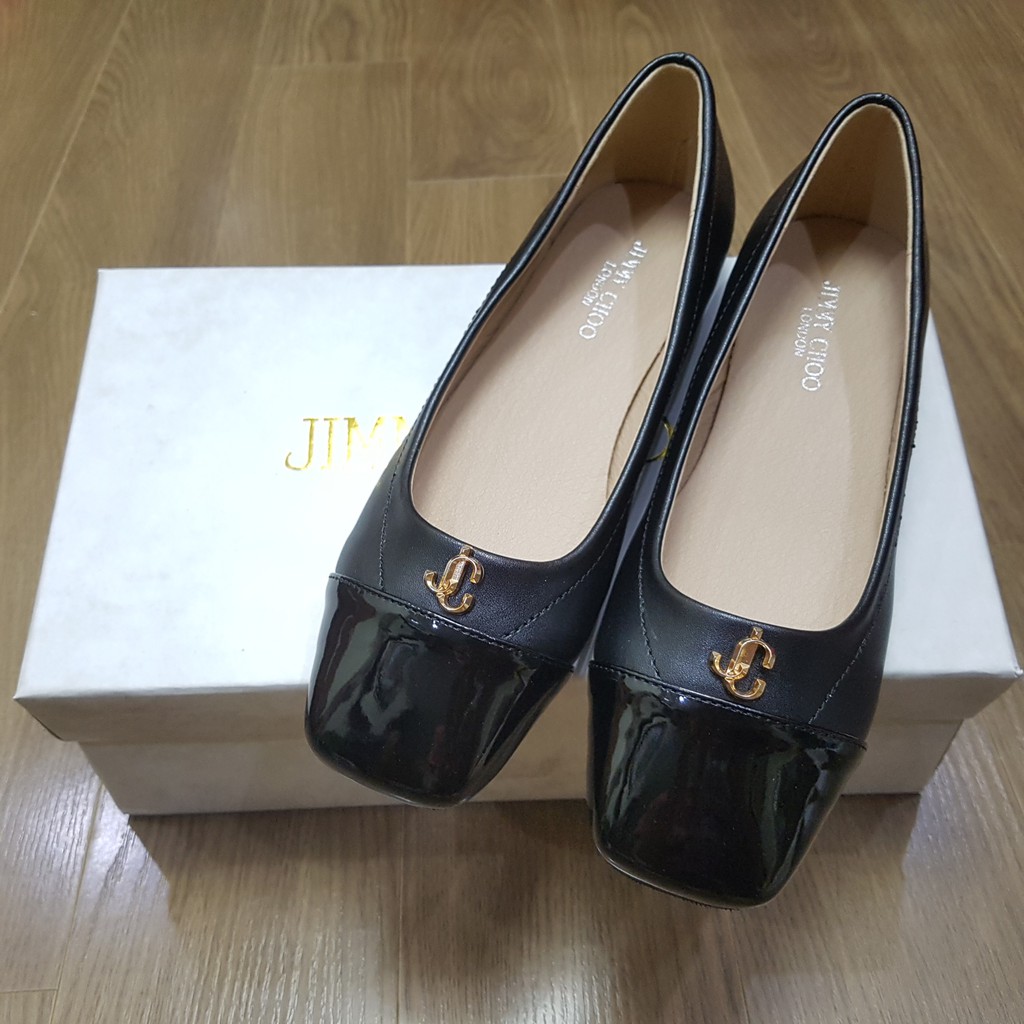 Giày búp bê nữ mũi vuông cap-toe da bóng tag logo J C đi cực xinh Full box Hãng cao cấp