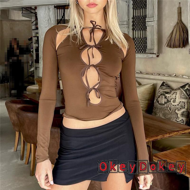 Áo Thun Tay Dài Khoét Sâu Gợi Cảm Y2k Phong Cách 90s E