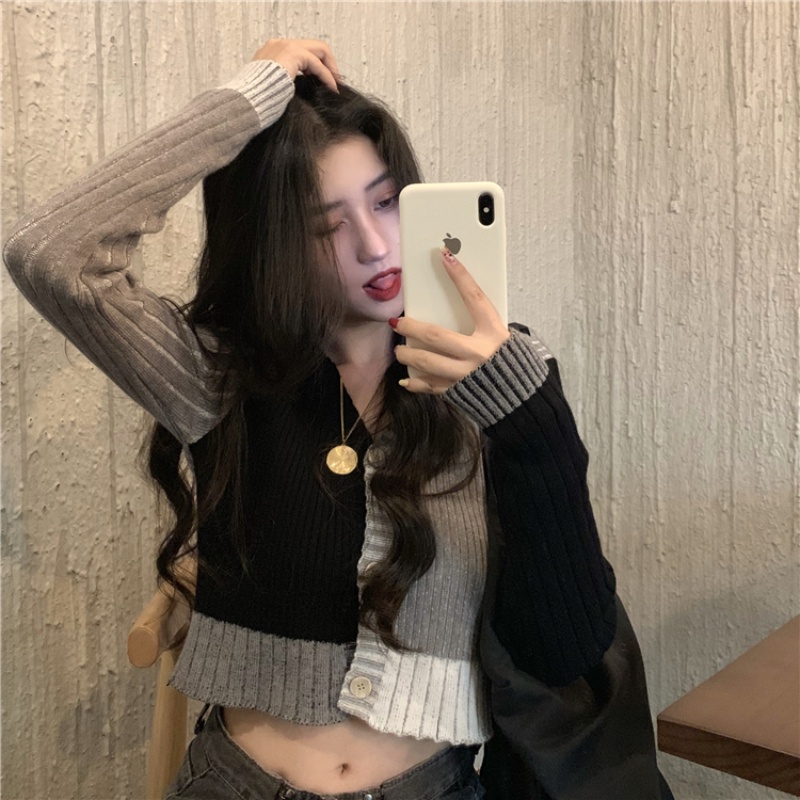 Áo cardigan dáng ngắn dệt kim phối màu sắc thời trang cho nữ