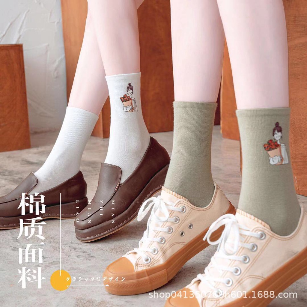 Tất cổ cao nữ In hình hoạt hình Nhật Bản Dễ thương Cute Vớ cao cổ nữ Cotton Phong cách Hàn Quốc